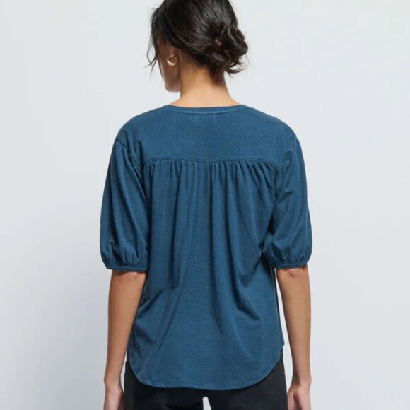 Nation LTD Edie Top Pima Cotton Hemp Bohemian Relaxed V-Neck Shirt Midnight Blue - Picture 3 of 10